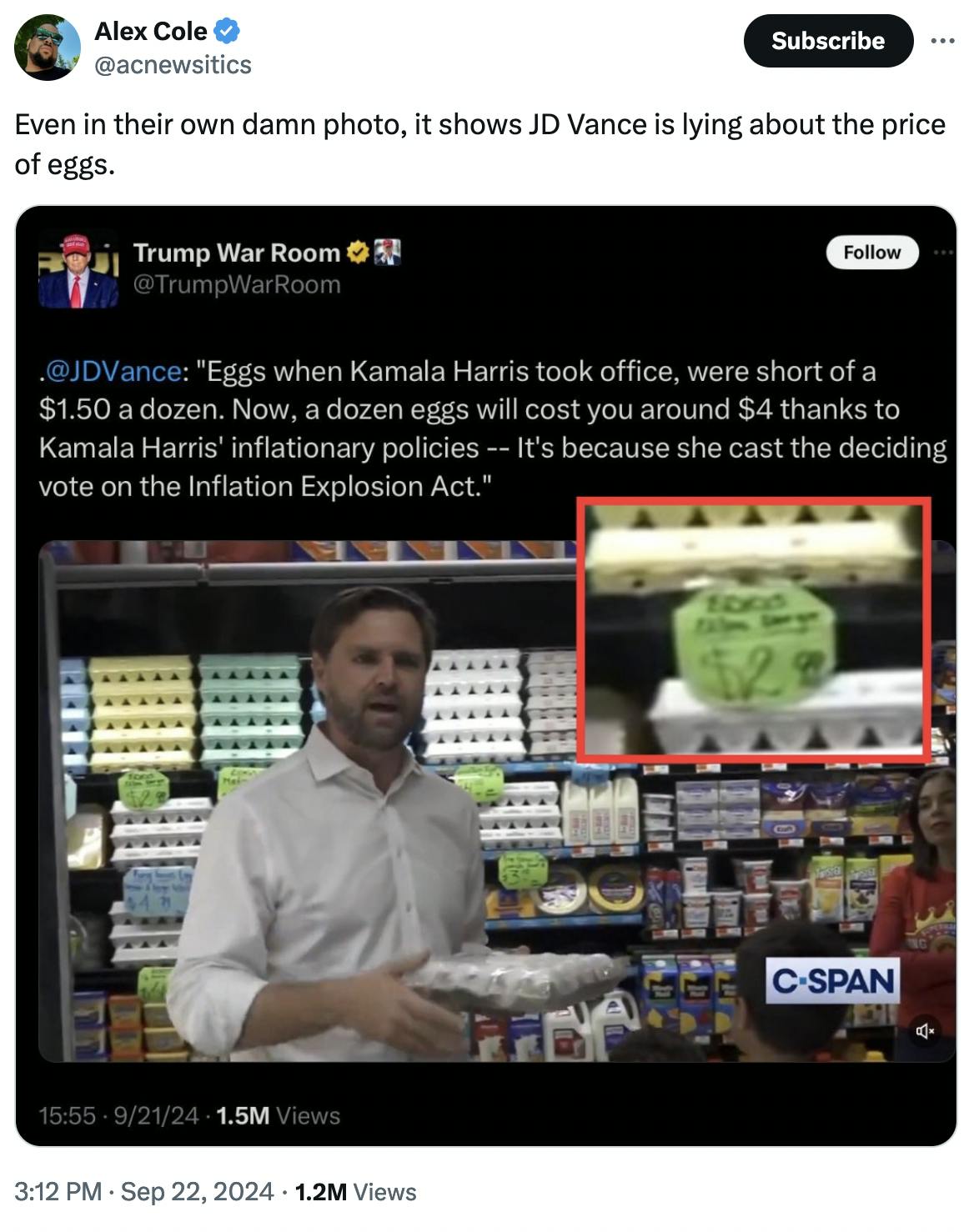 Twitter screenshot Alex Cole @acnewsitics Even in their own damn photo, it shows JD Vance is lying about the price of eggs. (zoomed in photo of $2.99 price tag behind Vance, who is holding a tray of eggs)