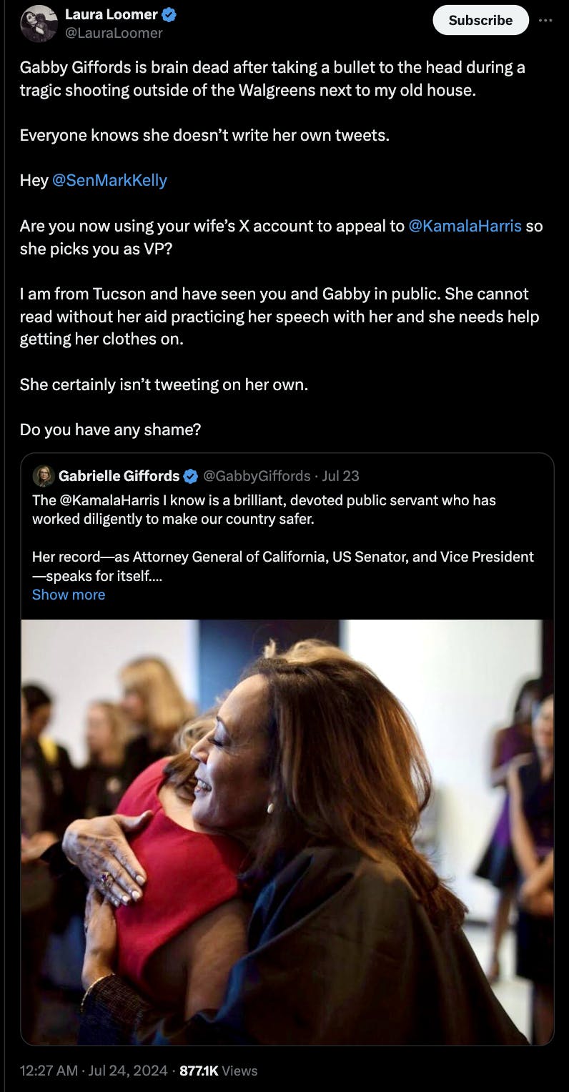 A screenshot of Laura Loomer's tweet attacking Senator Mark Kelly and his wife, former congresswoman Gabby Giffords.
