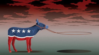 An illustration of a donkey with red and blue and white star coloring behind held by a levitating lasso.