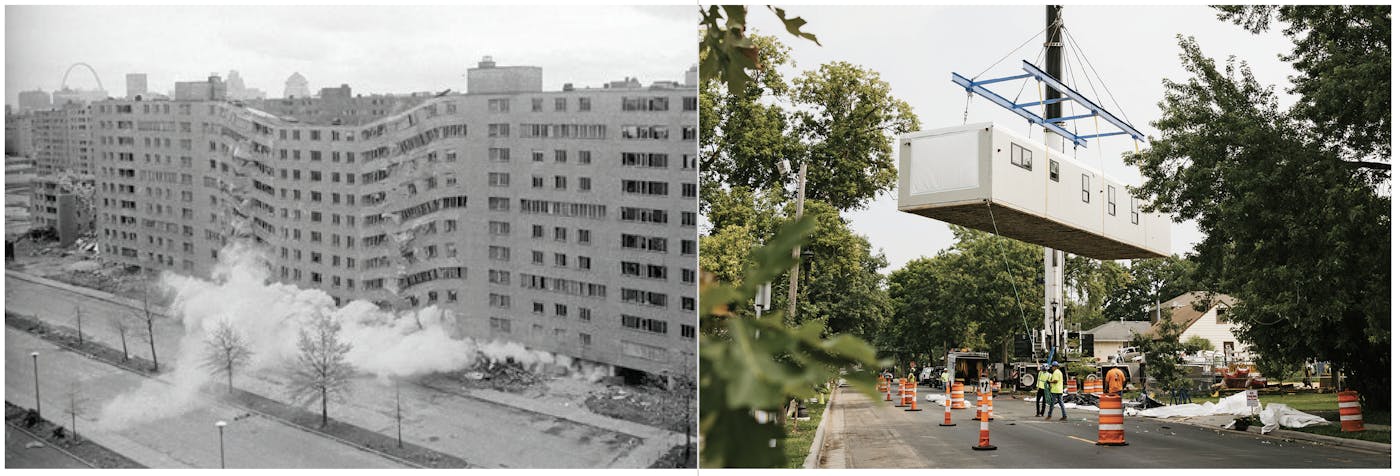Photos of the, Demolition of part of St. Louis’s massive Pruitt-Igoe housing complex in 1972 and a piece of modular public housing was hoisted into place in Minneapolis in 2023.