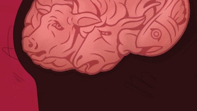 A drawing of a profile of a head with a pink brain made out of sad animals