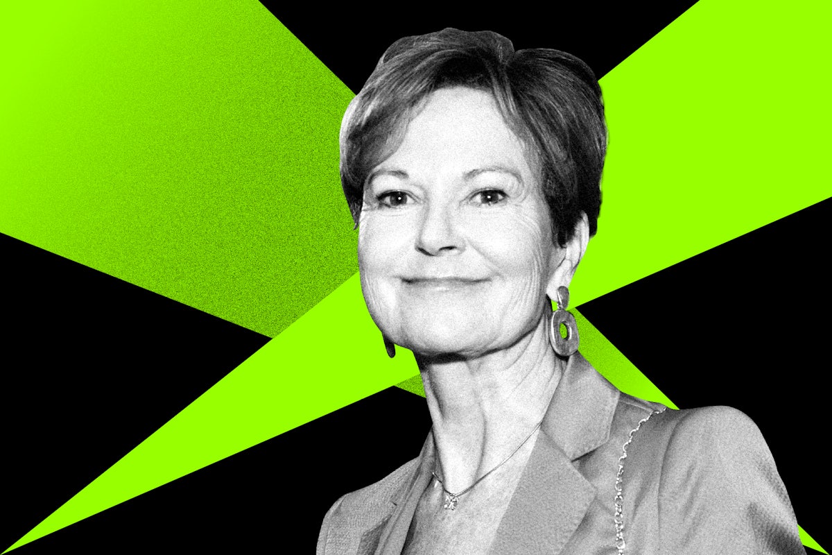 Journalist Kati Marton in front of a green and black background