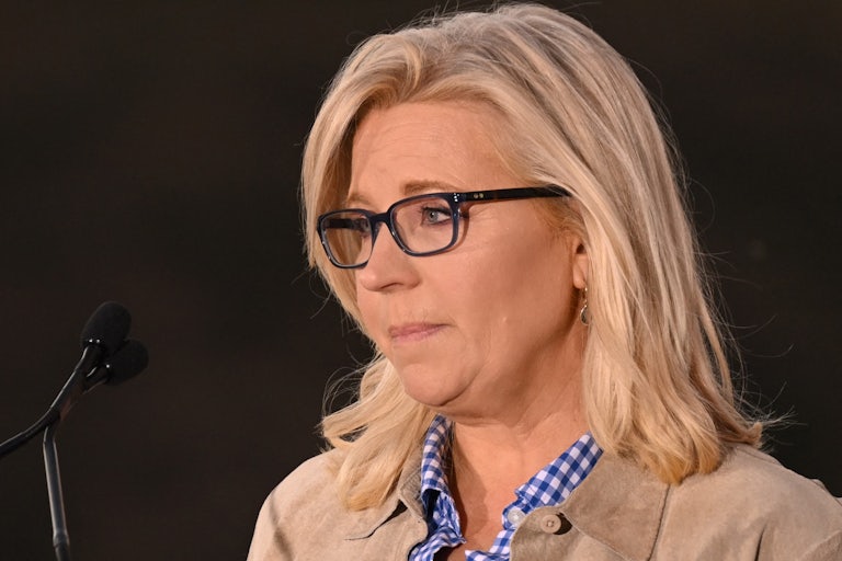 Liz Cheney purses her lips and looks off camera