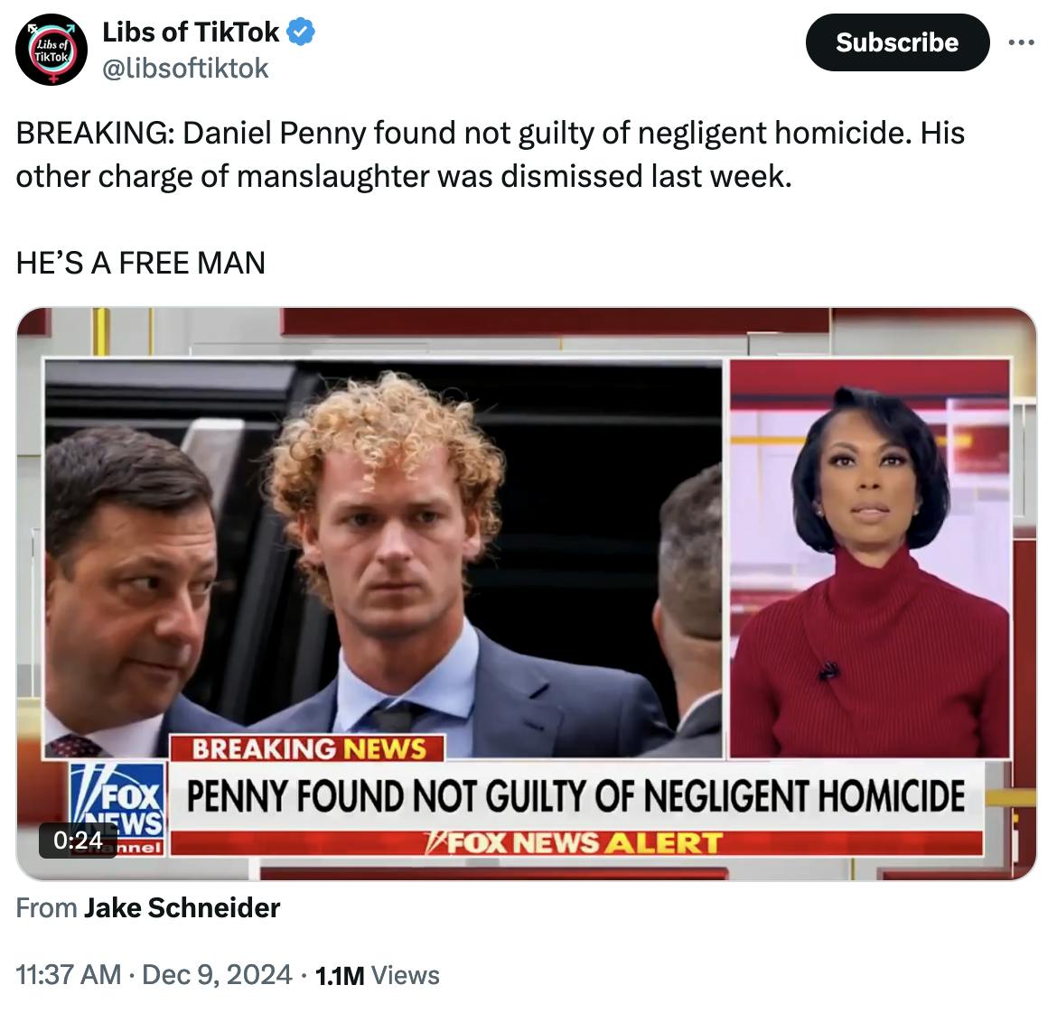 X screenshot Libs of TikTok @libsoftiktok:
BREAKING: Daniel Penny found not guilty of negligent homicide. His other charge of manslaughter was dismissed last week.

HE’S A FREE MAN

(sharing news video on verdict from Fox News)