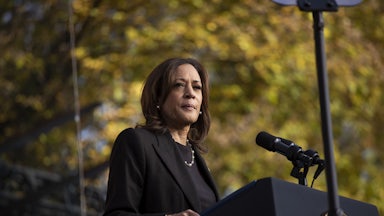 Kamala Harris speaks at a campaign event on October 18, 2024 in Grand Rapids, Michigan.
