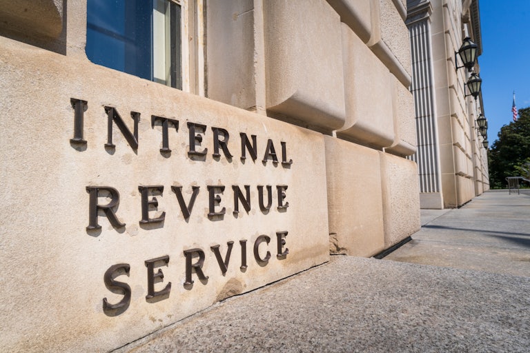 A sign marks the entrance to the U.S. Internal Revenue Service (IRS) headquarters building