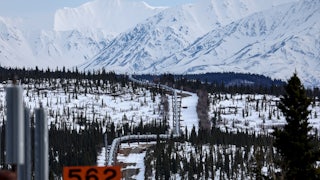A pipeline is seen running through a snowy forest, with snow-covered mountains in the background. 
