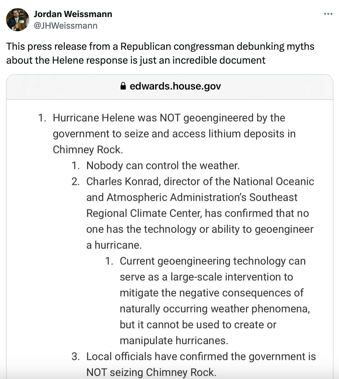 Twitter screenshot Jordan Weissmann @JHWeissmann: This press release from a Republican congressman debunking myths about the Helene response is just an incredible document (screenshot of Edwards's press release)