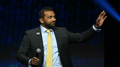 Former Chief of Staff to the United States Secretary of Defense Kash Patel speaks during a Turning Point Action 'United for Change' campaign rally.