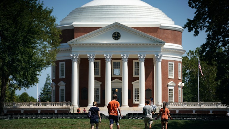 Students walk on The Lawn at the University of Virginia