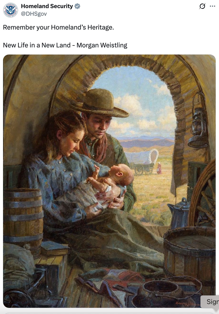 X screenshot Homeland Security
@DHSgov
Remember your Homeland’s Heritage.
New Life in a New Land - Morgan Weistling
(with Morgan Weisting's painting)