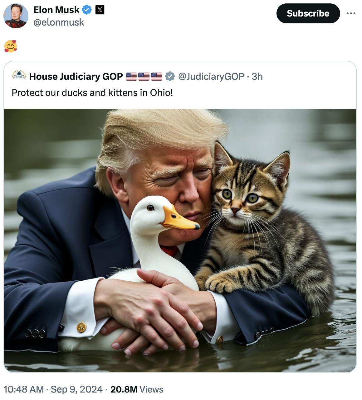 Twitter screenshot Elon Musk @elonmusk: 🥰 Quote tweet of House Judiciary GOP tweet that says "Protect our ducks and kittens in Ohio!" with an AI photo of Donald Trump hugging a duck and a cat while wading in in the water.