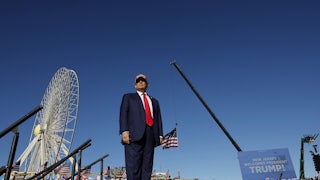 Donald Trump arrives for a campaign rally in Wildwood, New Jersey.