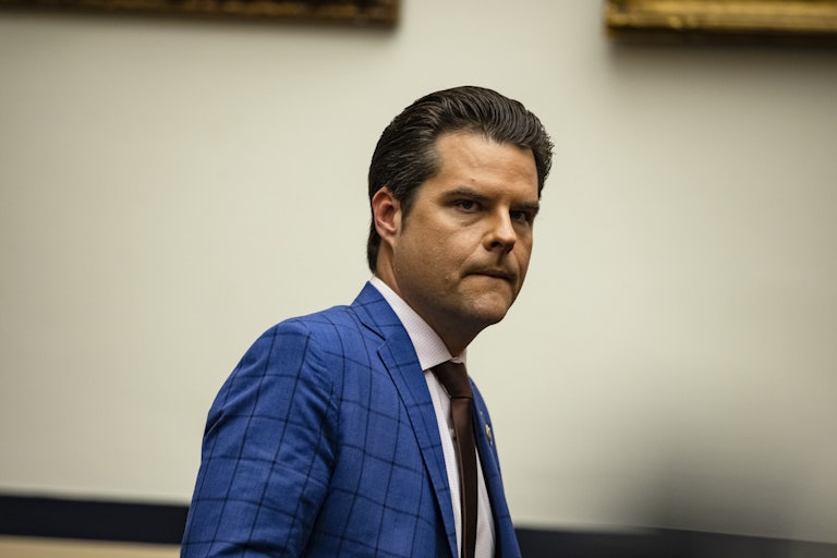 Representative Matt Gaetz arrives for a House Armed Services Subcommittee hearing