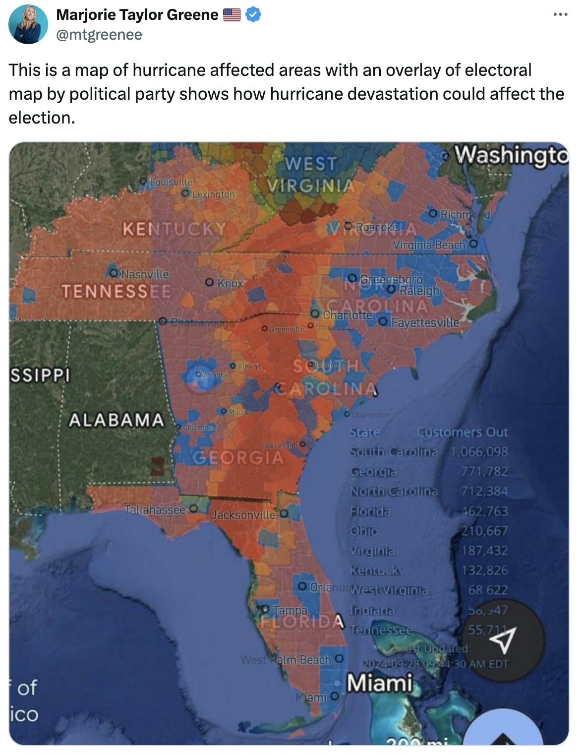 Twitter screenshot Marjorie Taylor Greene 🇺🇸 @mtgreenee:
This is a map of hurricane affected areas with an overlay of electoral map by political party shows how hurricane devastation could affect the election.

(with map highlighting blue and red portions of the southeast)