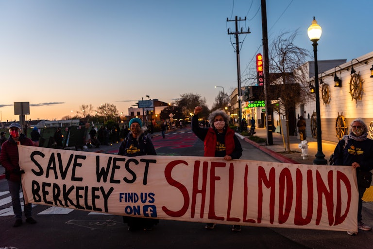 Activists in the street at the Shellmound site in West Berkeley, California.