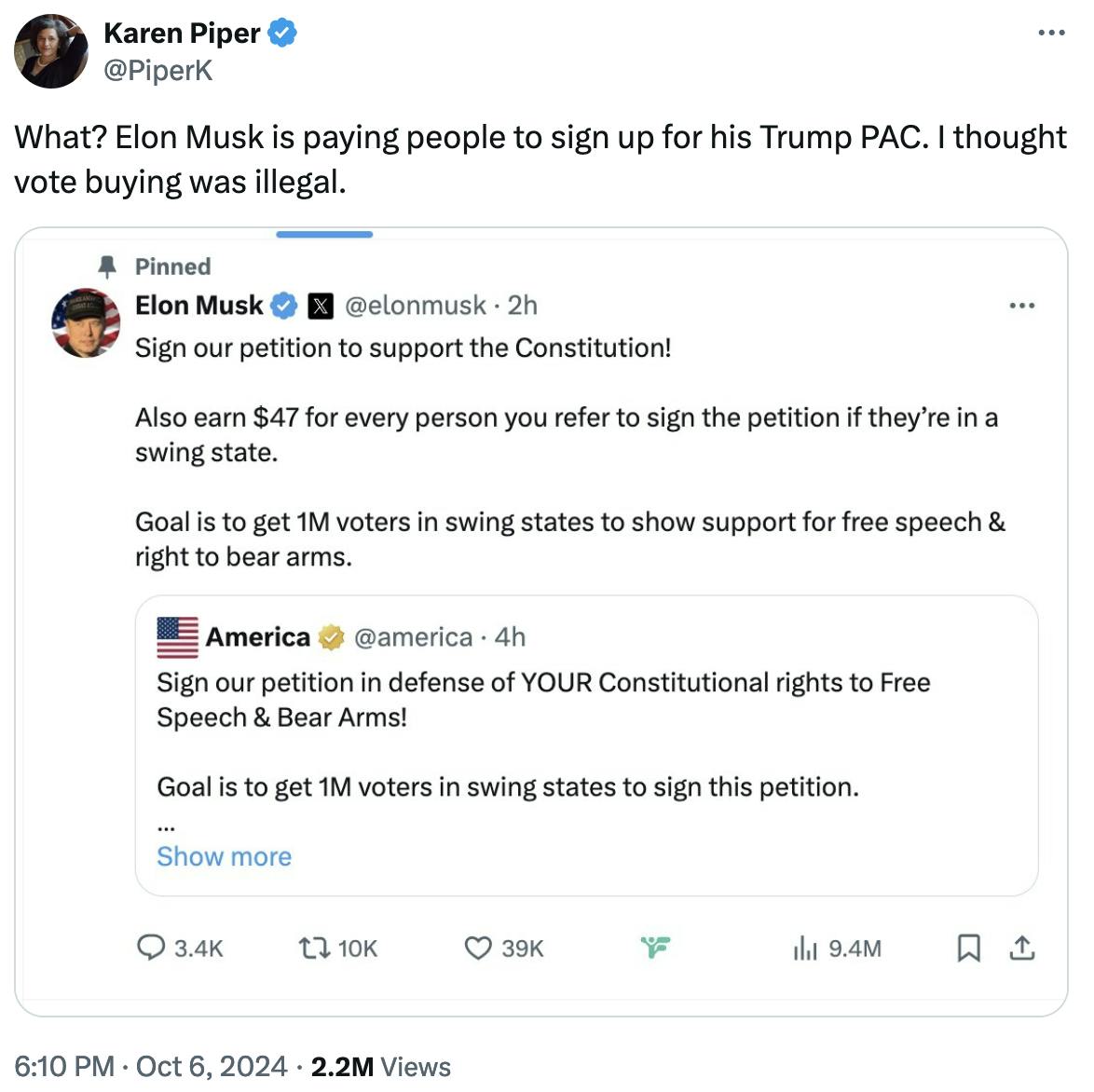 Twitter screenshot Karen Piper @PiperK: What? Elon Musk is paying people to sign up for his Trump PAC. I thought vote buying was illegal.