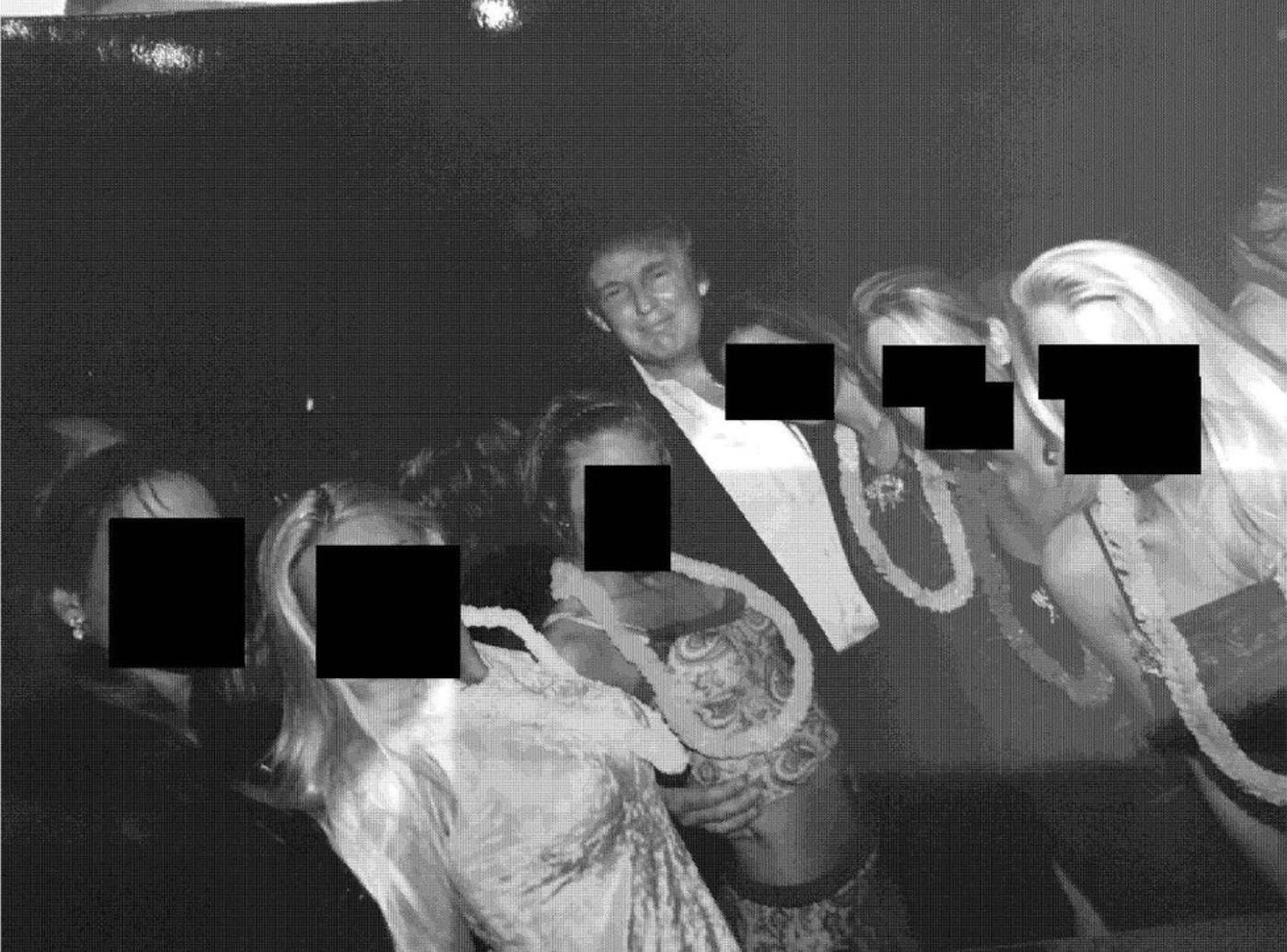 Donald Trump with six women whose faces have been redacted