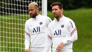 Paris Saint Germain's star players, Neymar and Lionel Messi, work out on the French club's training grounds.