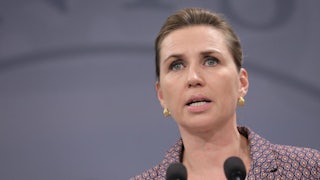 Danish Prime Minister Mette Fredericksen looks concerned during a press conference