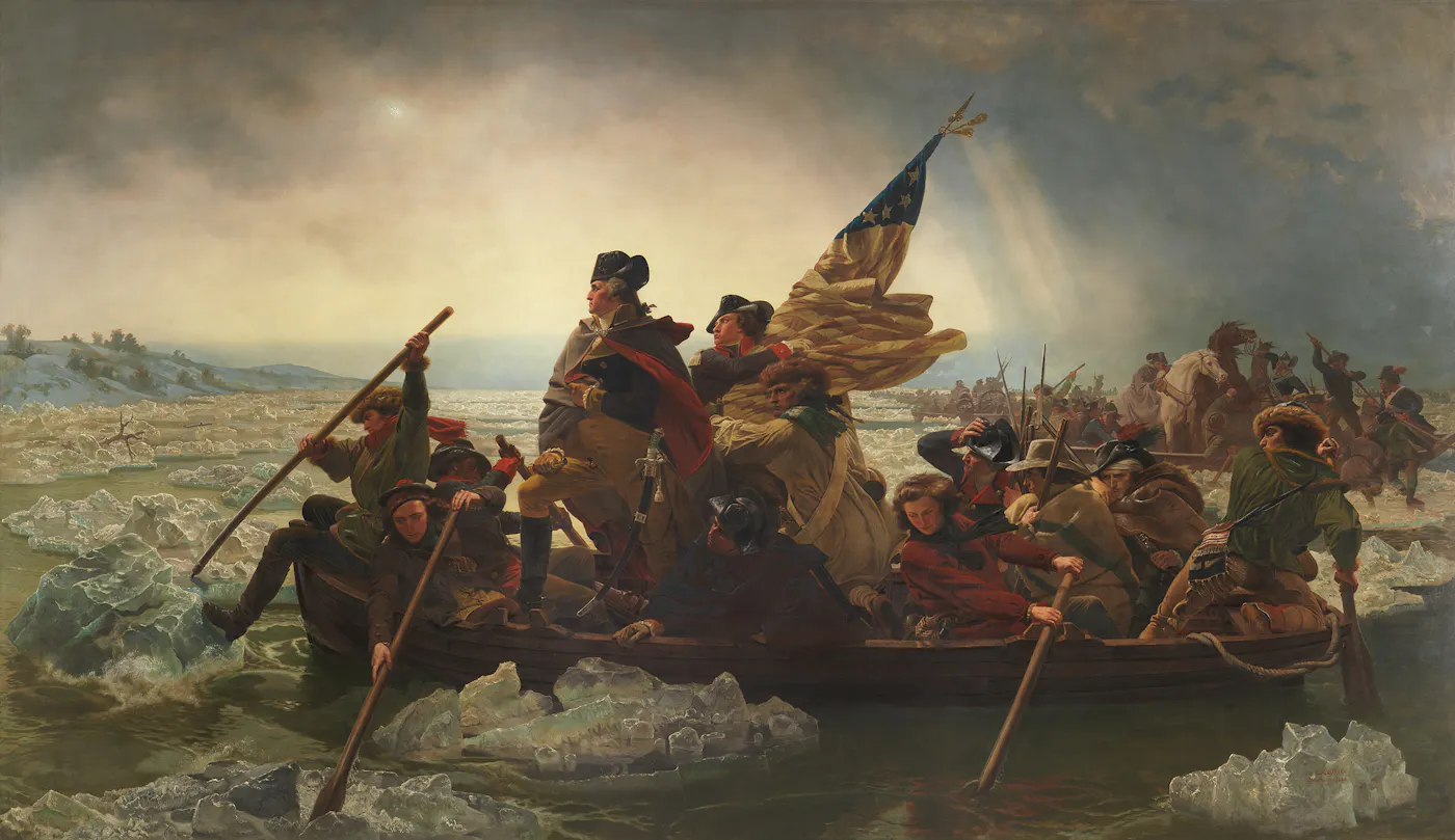 Iconic painting of George Washington stands at the bow of a boat crossing the Delaware River, surrounded by soldiers rowing through fog and floating ice.