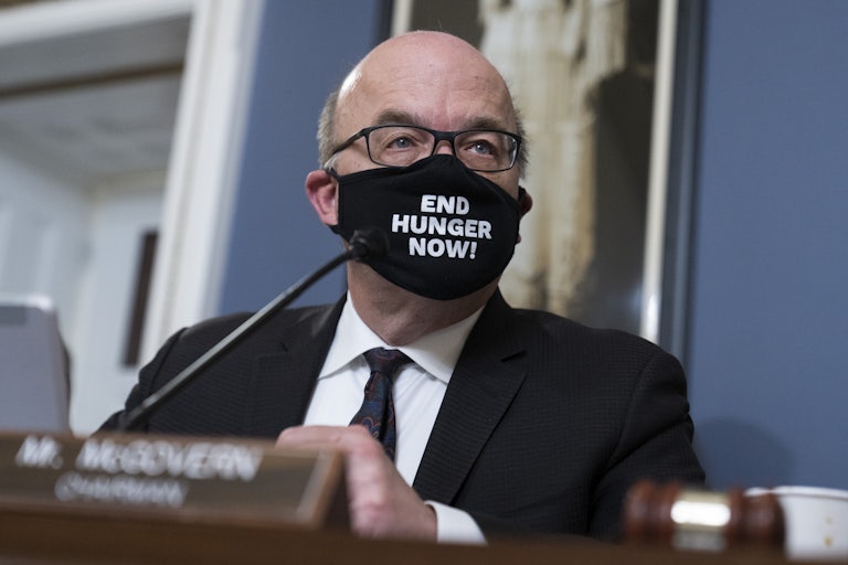 Massachusetts Rep. Jim McGovern, seen wearing one of his ubiquitous "End Hunger Now" masks.