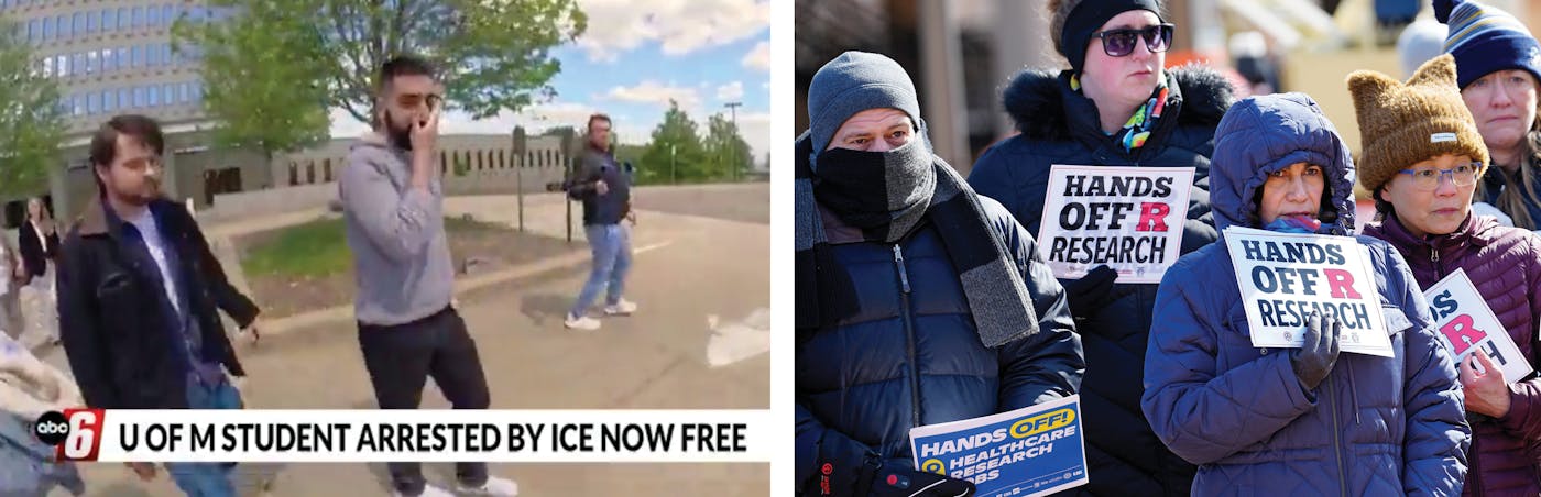 Left, center: University of Michigan MBA student Doğukan Günaydin, a Turkish national, was released in May after eight weeks in ICE custody; right: a Rutgers rally in February against federal research funding.