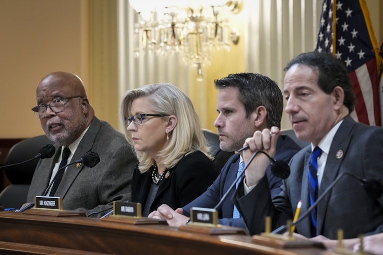 Rep. Bennie Thompson, the chair of the January 6 Committee, is flanked by fellow committee members Liz Cheney, Adam Kinzinger, and Jamie Raskin.