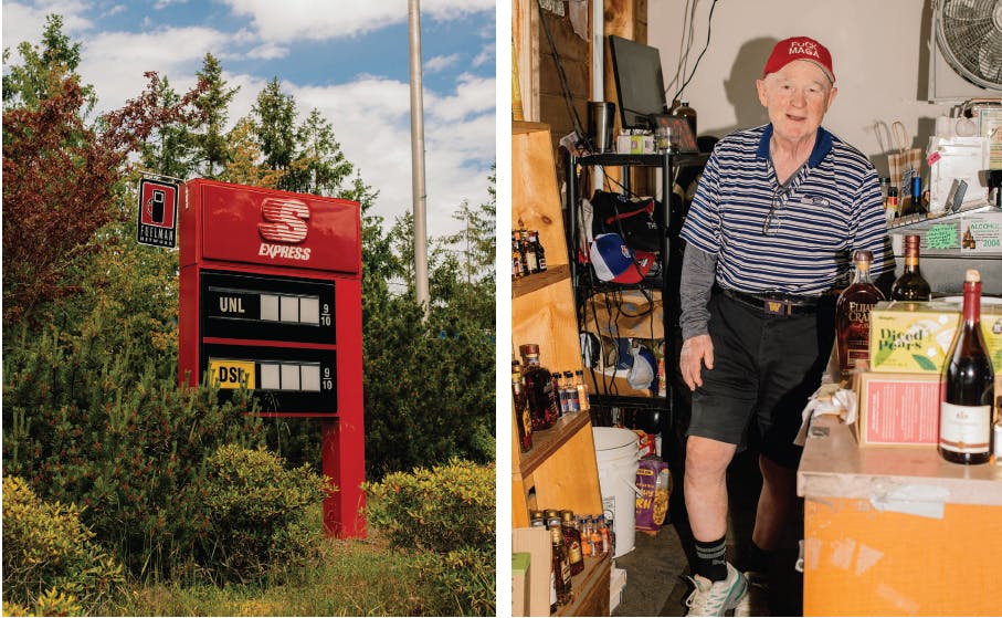Left, a closed gas station in Point Roberts; right, Larry Musselwhite, owner of Larry’s Liquor Locker, said, “I don’t blame Canadians for being upset and wanting to boycott the United States.”