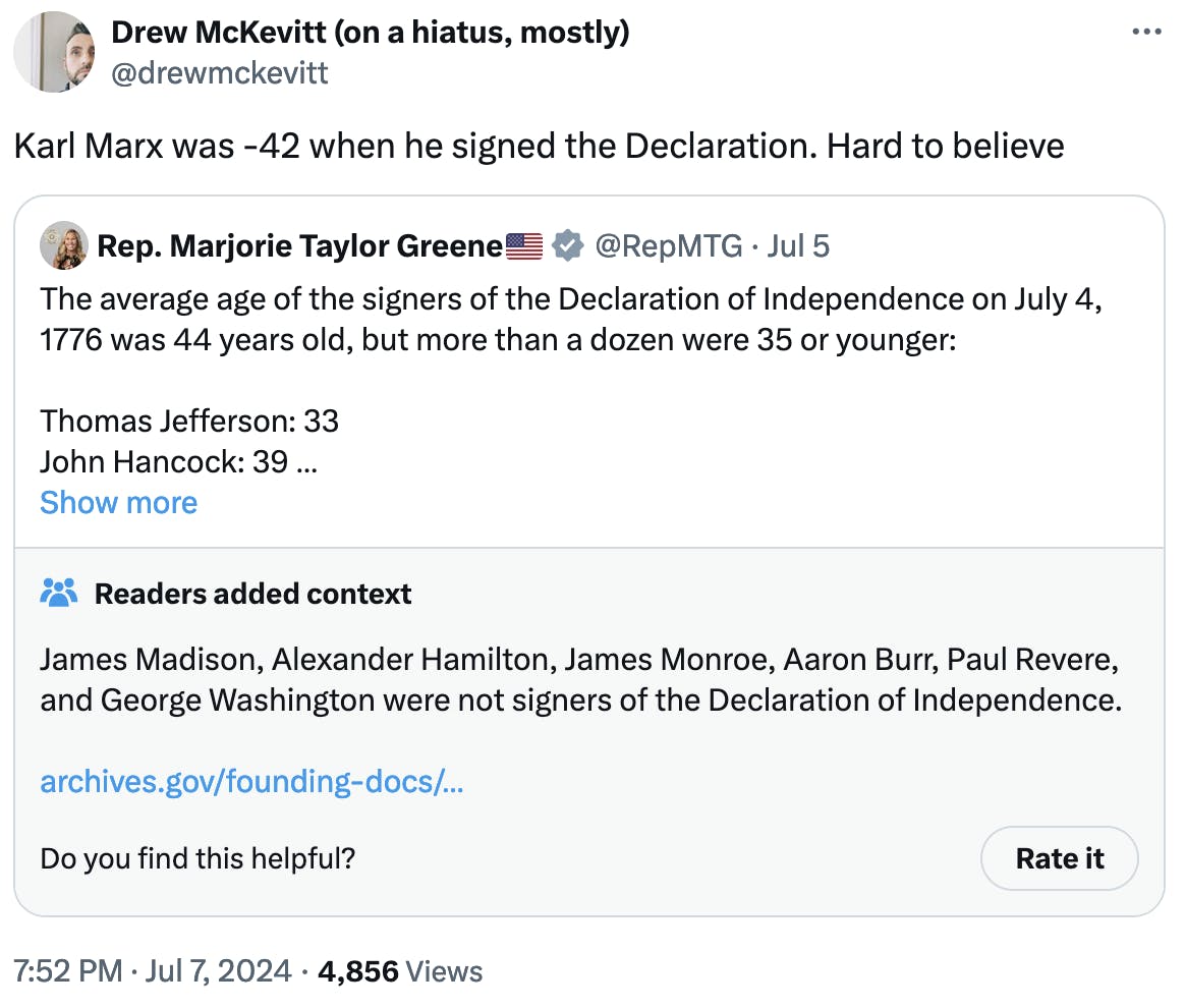 Tweet screenshot Drew McKevitt (on a hiatus, mostly) @drewmckevitt: Karl Marx was -42 when he signed the Declaration. Hard to believe