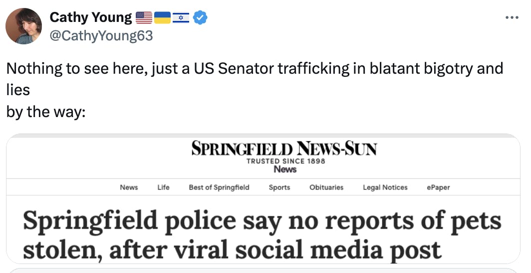 Twitter screenshot Cathy Young 🇺🇸🇺🇦🇮🇱 @CathyYoung63: Nothing to see here, just a US Senator trafficking in blatant bigotry and lies by the way: