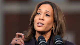 Kamala Harris speaks into microphones.