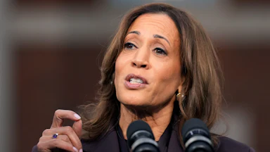 Kamala Harris speaks into microphones.