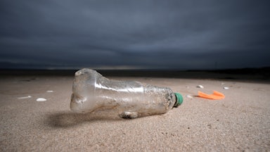 A plastic bottle lies on a beach.