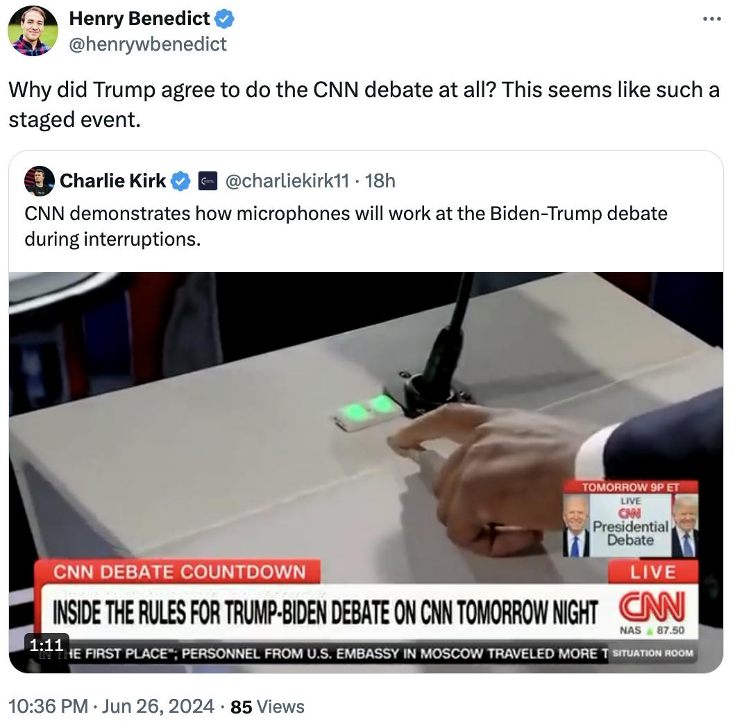 Twitter screenshot Henry Benedict @henrywbenedict: Why did Trump agree to do the CNN debate at all? This seems like such a staged event.