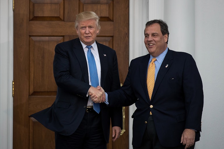 President Donald Trump and New Jersey Governor Chris Christie share a handshake.