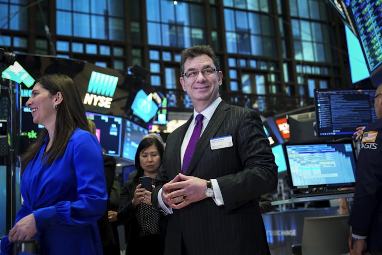 Albert Bourla, chief executive officer of Pfizer pharmaceutical company, arrives to ring the closing bell at the New York Stock Exchange in January 2019.