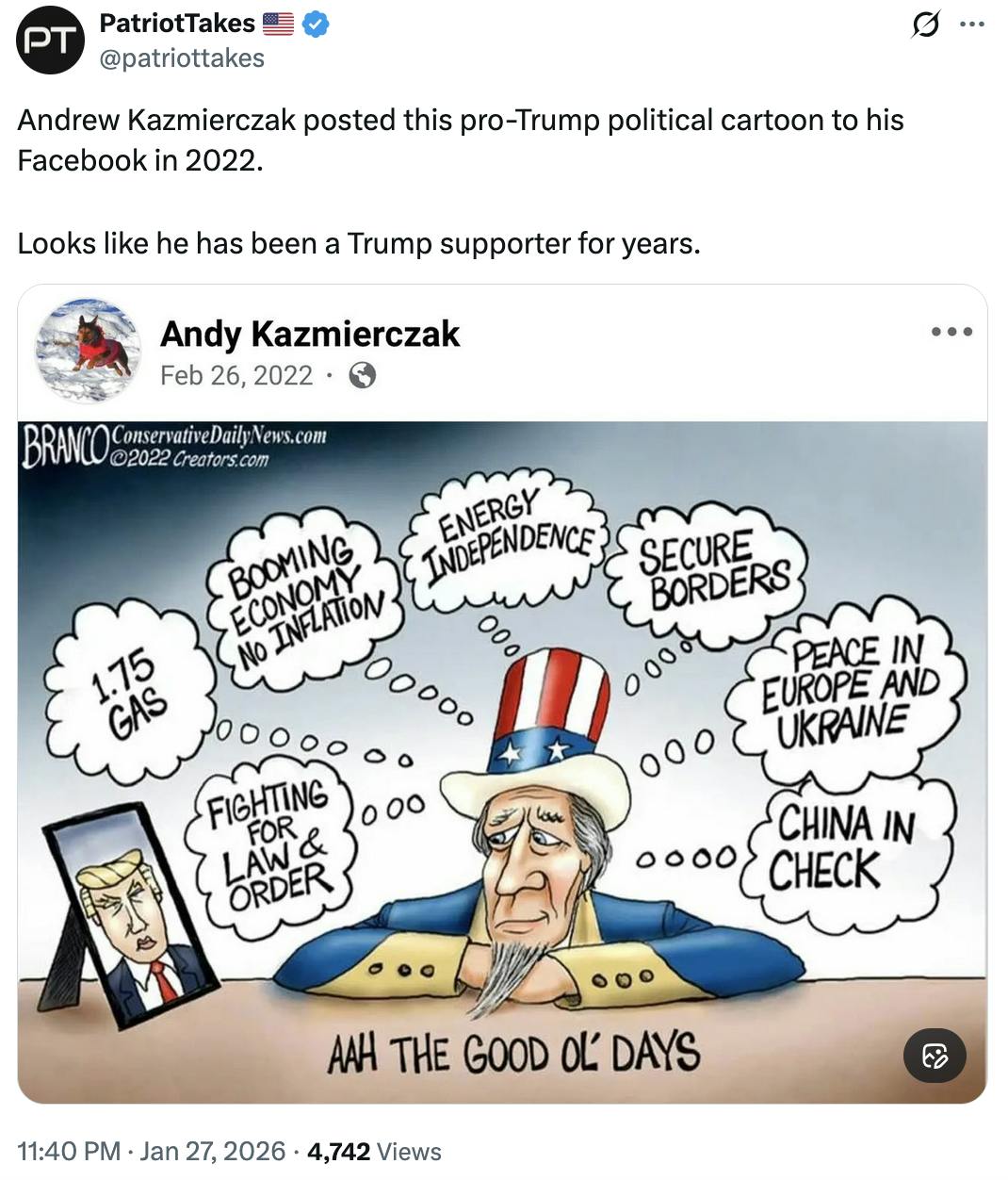X screenshot PatriotTakes 🇺🇸 @patriottakes
Andrew Kazmierczak posted this pro-Trump political cartoon to his Facebook in 2022.
Looks like he has been a Trump supporter for years.