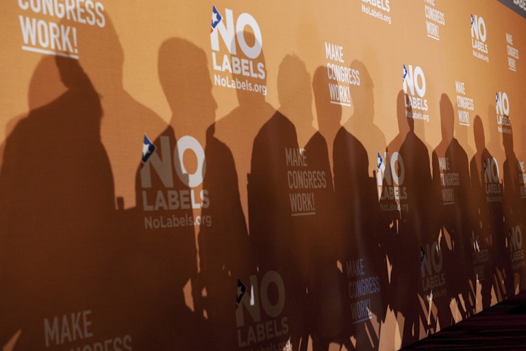 Shadows of several individuals cast on an orange background that reads "No Labels"