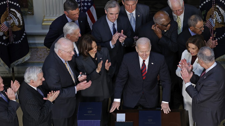 President Biden, Vice President Harris and Democratic leaders at a bill signing