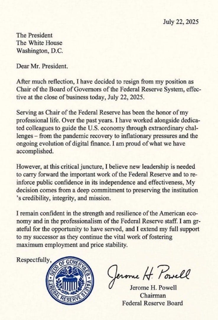 Fake resignation letter from Jerome Powell