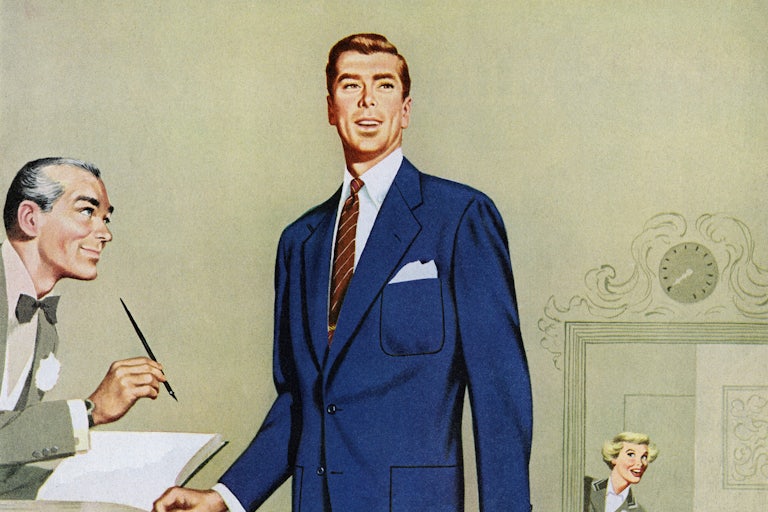 A 1950s illustration of a businessman standing by a desk