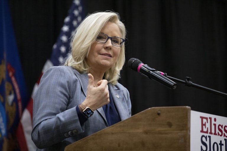 Rep. Liz Cheney campaigns with Democratic Rep. Elissa Slotkin in East Lansing, Michigan.