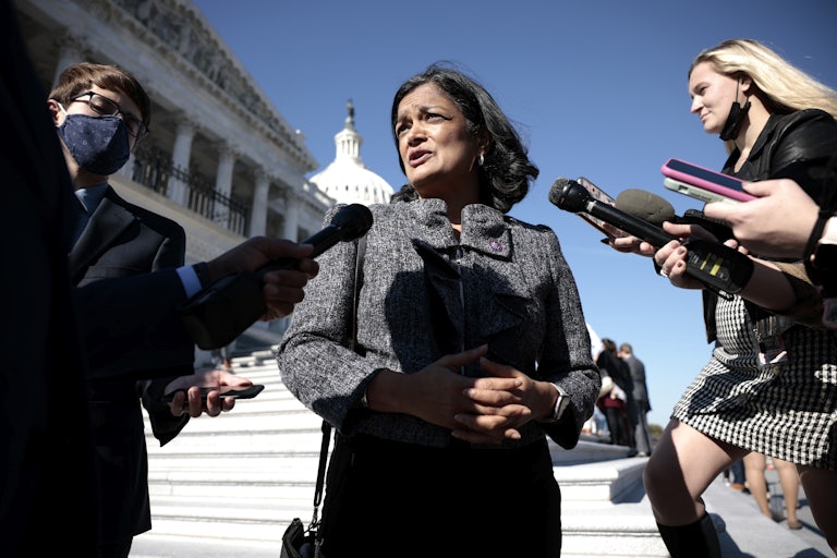 Congressional Progressive Caucus Chair Rep. Pramila Jayapal speaks with reporters outside the U.S. Capitol Building