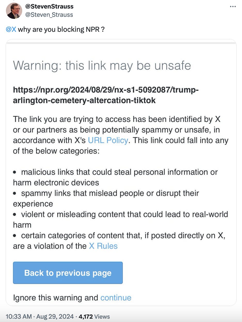 Twitter screenshot @StevenStrauss @Steven_Strauss:
@X why are you blocking NPR ?

(with screenshot of warning)