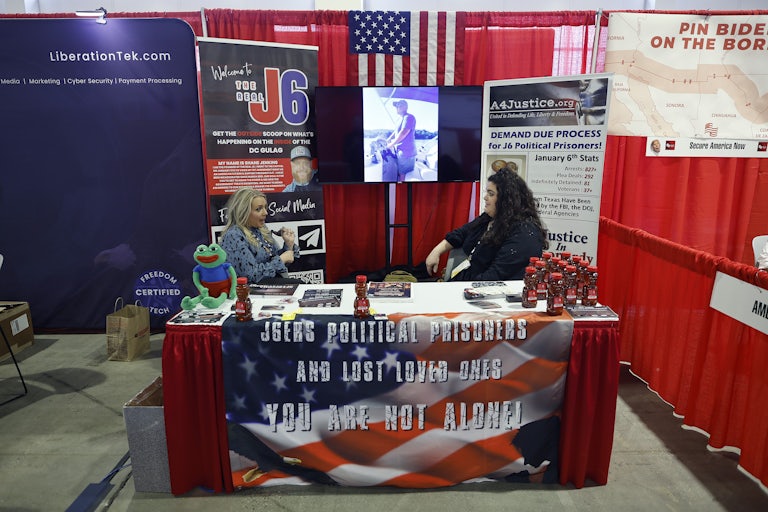 Organizations supporting people arrested during the January 6, 2021 attack on the U.S. Capitol host a booth in the expo hall of the 2023 Conservative Political Action Conference.