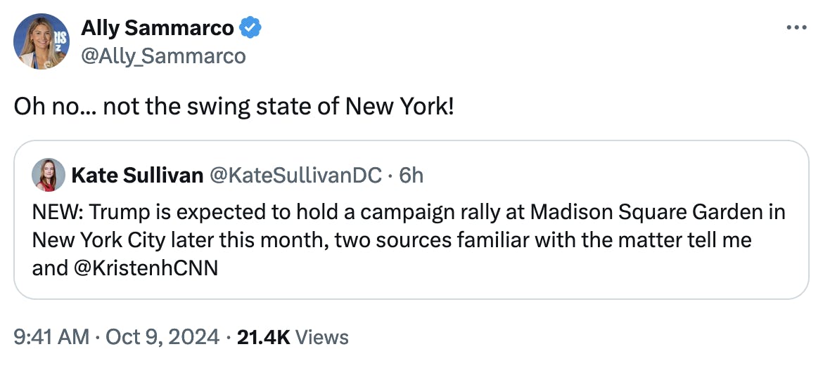 Twitter screenshot Ally Sammarco @Ally_Sammarco: Oh no... not the swing state of New York!