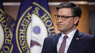 Speaker of the House Mike Johnson holds a news conference following a caucus meeting at the U.S. Capitol.