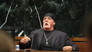 Hulk Hogan appears to be testifying and makes a weird face