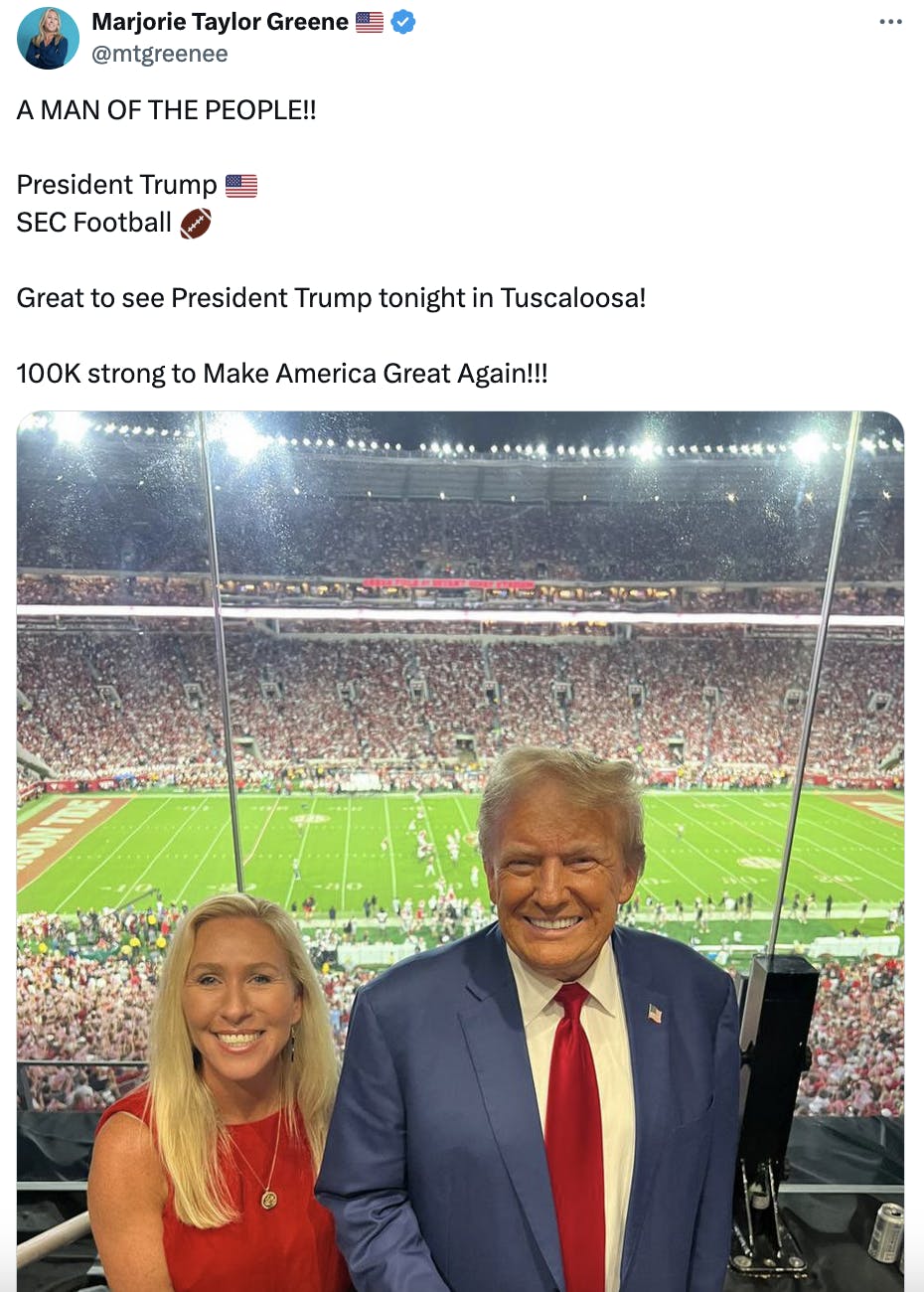 Twitter screenshot Marjorie Taylor Greene 🇺🇸 @mtgreenee: A MAN OF THE PEOPLE!! President Trump 🇺🇸 SEC Football 🏈 Great to see President Trump tonight in Tuscaloosa! 100K strong to Make America Great Again!!! (photo of Marjorie Taylor Greene and Donald Trump at the football game)